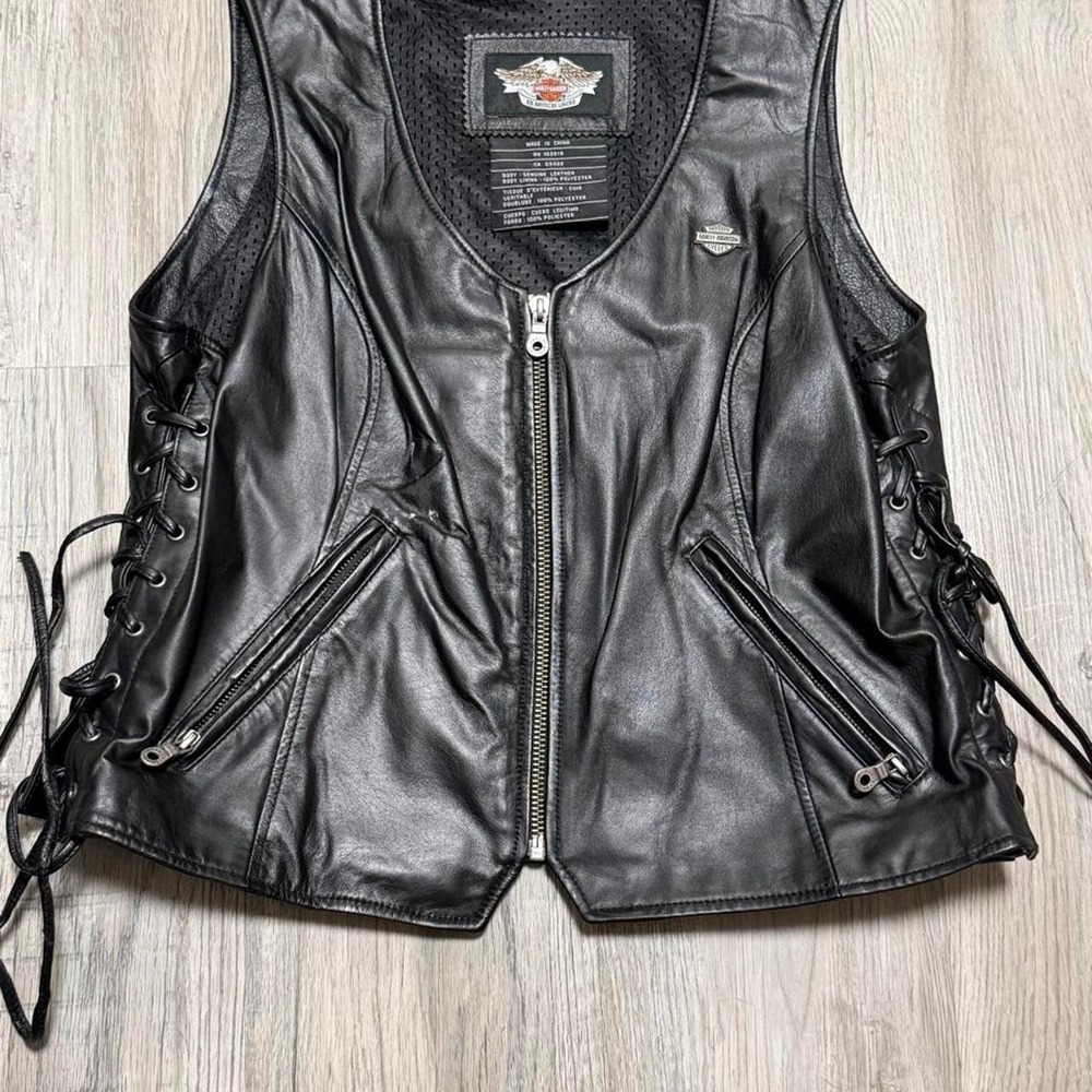 Harley Davidson Women Black Leather Lace Up Biker Vest XL RN 103819